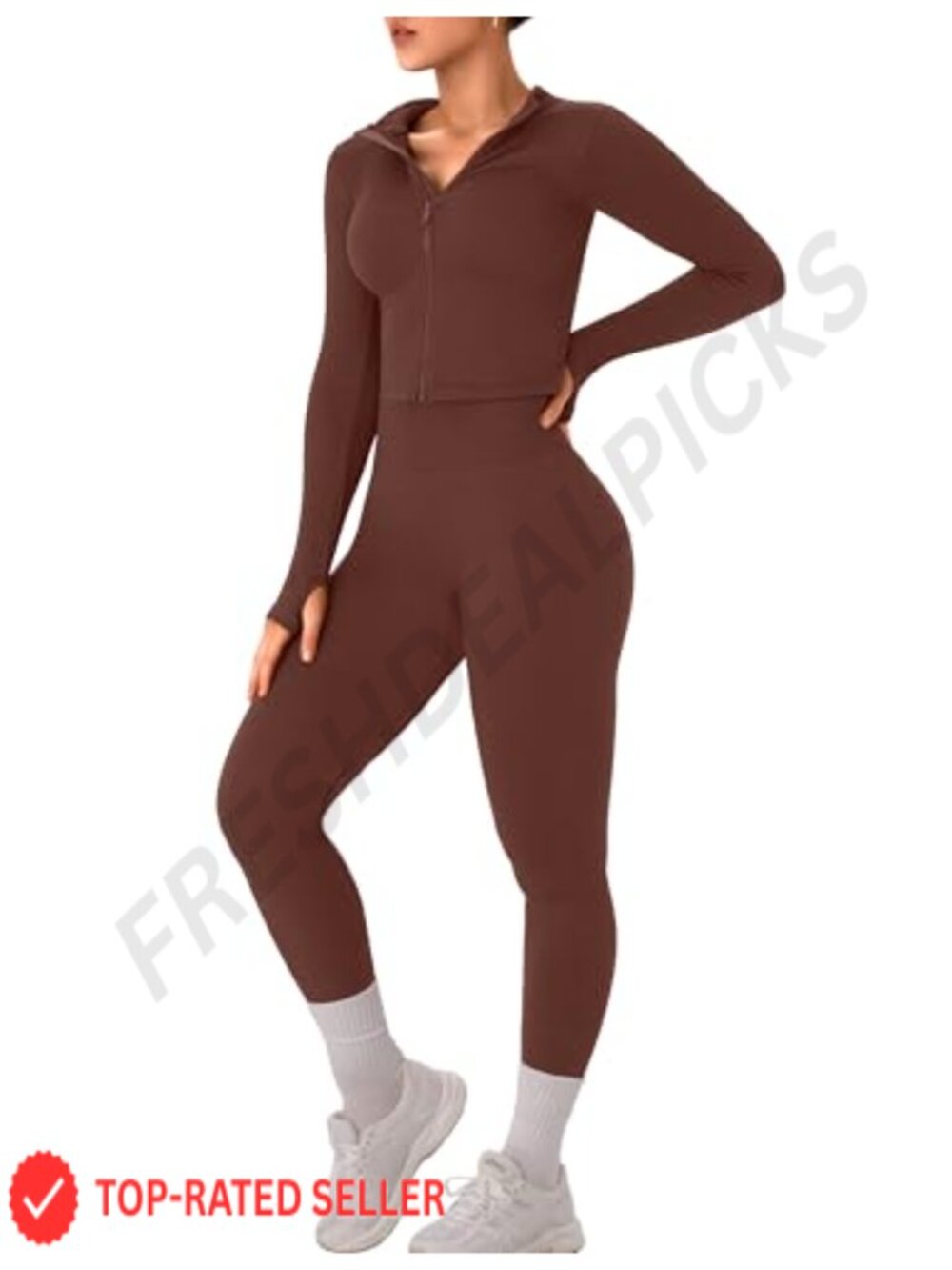 2 Piece Seamless Ribbed Workout Set Long Sleeve Zip Jacket & High Waist Leggings